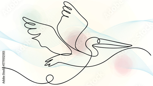 One line drawing a flying pelican with abstract wavy elegant continuous soft splashes