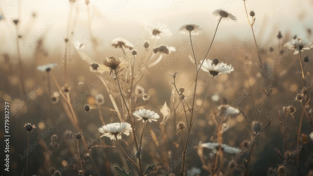 Fototapeta premium Soft-focus sunrise illuminates a field of wildflowers