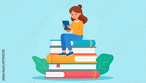 Animated girl reads tablet while sitting atop a stack of books