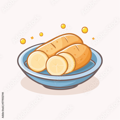 Two Sliced Yellow Potatoes on a Blue Plate with Small Yellow Sparkles