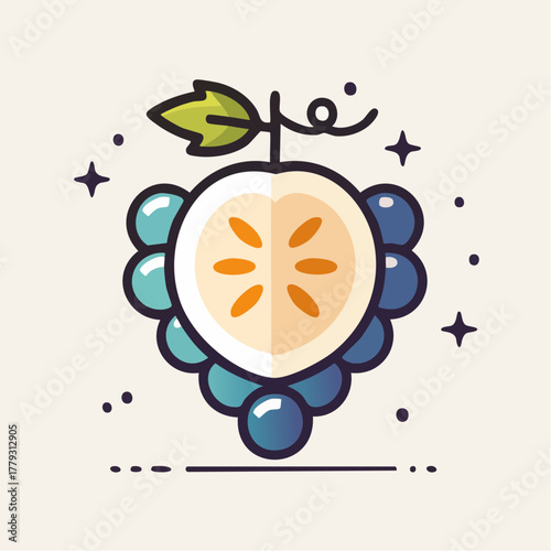 Stylized Pixel Art Of Grapes With A Half Cut Fruit In The Center And Sparkling Accents