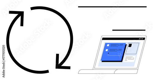 Circular refresh arrow beside a laptop screen showing a digital interface and files. Ideal for data sync, technology, workflow, automation, updates, cloud services, digital transformation. Simple