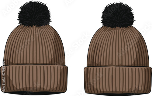 Brown knit beanies with black pom-poms, winter fashion accessories, cozy headwear, ribbed texture, folded brim, stylish warm hats, apparel