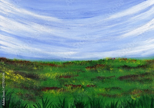 Acrylic painting of a landscape scenery a grassy field with a beautiful blue sky