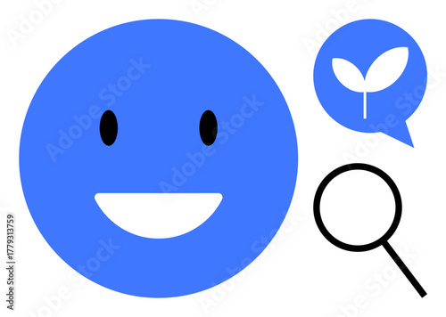 Blue happy face expressing positivity, black magnifying glass signifying search, speech bubble with green leaf symbolizing growth and eco-awareness. Ideal for positivity, exploration, sustainability