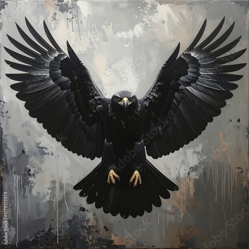 A majestic black bird with outstretched wings, central against a grey background