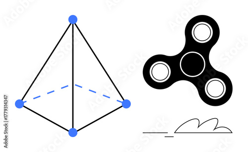Geometric pyramid with blue corner dots and dashed lines alongside a black fidget spinner and abstract curved lines. Ideal for geometry, science, focus, play, minimalism, design, innovation. A simple