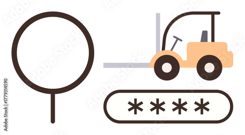 Forklift transporting items on conveyor belt with magnifying glass. Ideal for logistics, delivery, labor, productivity, inspection, process management, industry. Minimal simple flat metaphor