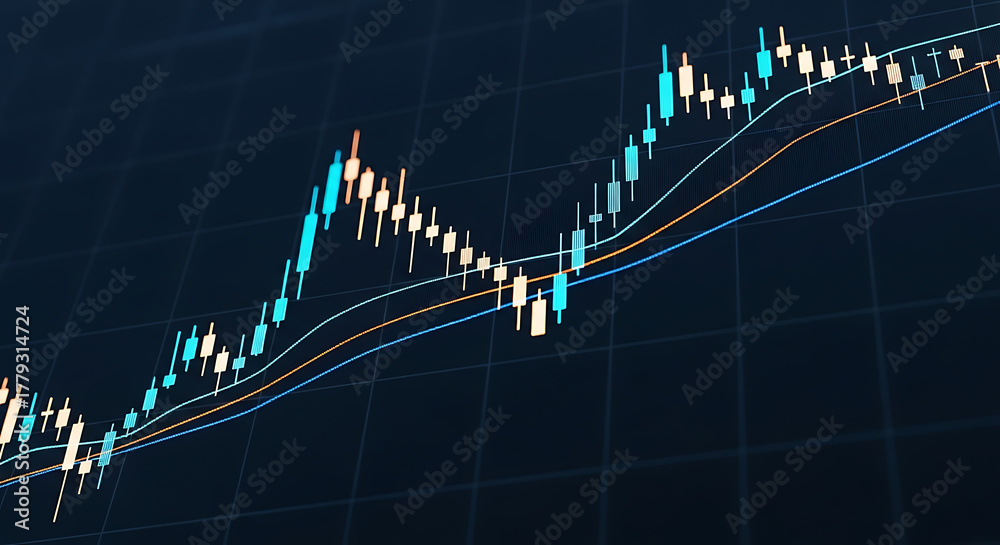 Naklejka premium Stock market candle chart showing an upward trend with moving averages displayed on a dark blue grid.