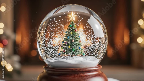 Delightful christmas snow globe on fireplace, winter holidays and magical atmosphere animated