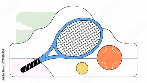 Illustration of a tennis racket with two tennis balls on a stylized background outdoors scene view on transparent background silhouette