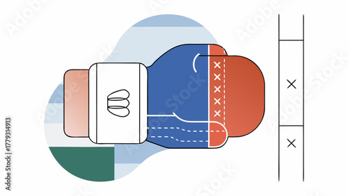Illustration of a blue and red boxing glove with a white cuff and a background with color blocks on transparent background silhouette