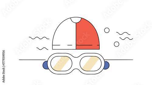 Illustration of swimming cap with goggles and water waves on a white background in a simple style on transparent background silhouette