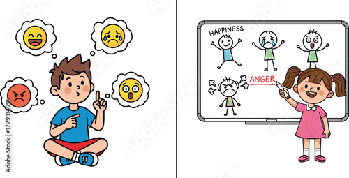 Children learning emotions and feelings through fun classroom activity, emotional intelligence education, kids expressing happiness anger sadness surprise concept illustration
