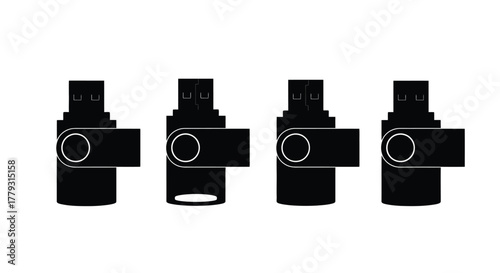 Four black usb flash drives isolated on white background