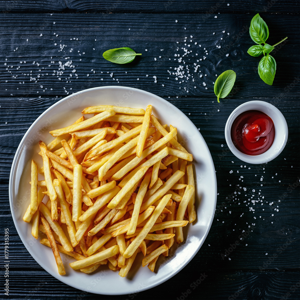 Naklejka premium French Fries with Tomato Ketchup on Black Wooden Table