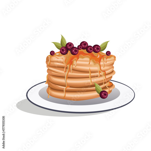 pancakes. Stacks of tasty pancakes with butter, chocolate syrup and fruits