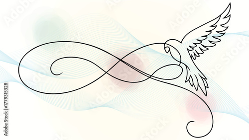 Single Line Drawing a Dove in Flight with Abstract Wavy elegant continuous bird flying
