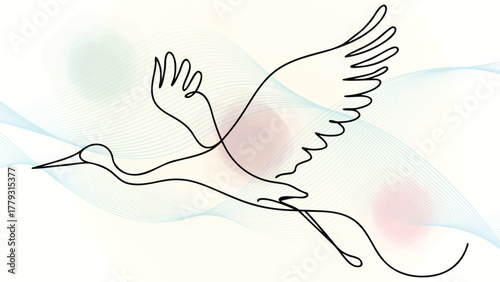 Single Line Drawing a Crane in Flight with Abstract Wavy elegant continuous bird flying