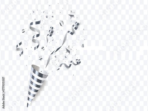 Festive silver confetti popper exploding with shiny streamers