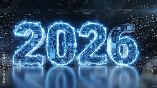Digital Countdown: Futuristic 2026 New Year Celebration with Circuitry and Sparkles