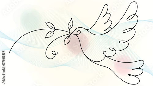 Single Line Drawing a Dove with Olive Branch Abstract Wavy elegant continuous bird peace