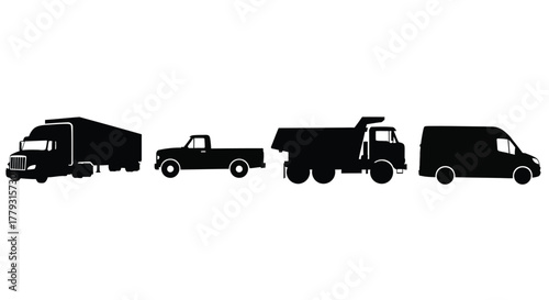Silhouette of various types of trucks isolated on white background