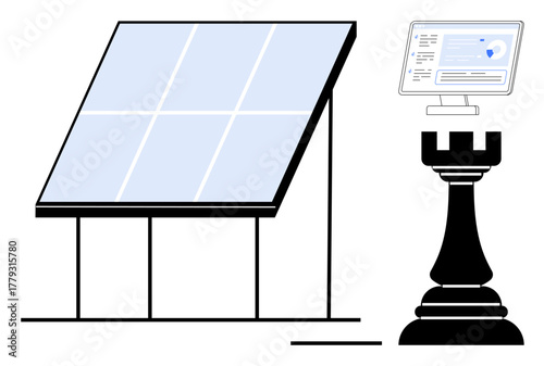 Solar panel structure, digital monitor analyzing data, black chess rook. Ideal for sustainability, strategy, energy efficiency, clean technology, decision-making leadership modern solutions. Simple