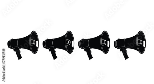Four black megaphone icons in a row isolated on white background