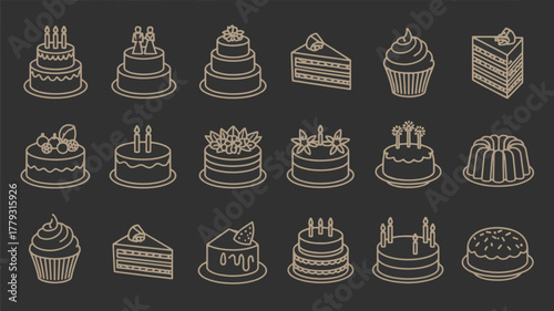 Collection of line art illustrations of various cakes and cupcakes