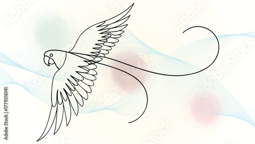 Single Line Drawing a Parrot in Flight with Flowing Abstract Waves Soft Blends elegant continuous