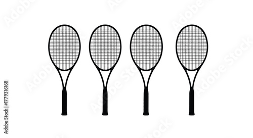 Four tennis rackets in a row isolated on white background for sport use
