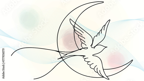 Single Line Drawing a Bird Flying Near a Crescent Moon with Abstract Waves flight wings elegant continuous