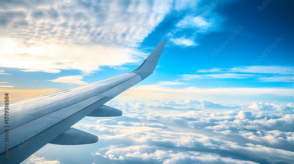 Obraz premium Airplane wing view above clouds sunset sky travel high resolution photo