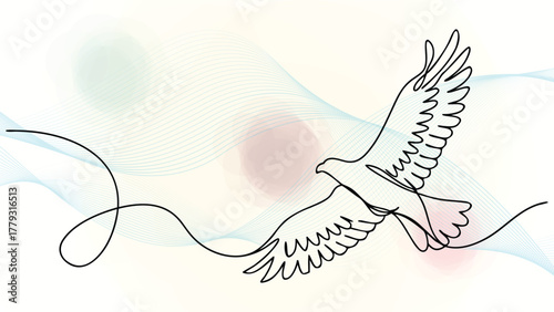 Minimalist Line Art an Eagle or Hawk in Flight with Abstract Wave Pattern bird falcon elegant continuous