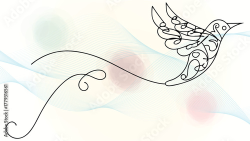 Decorative Line Art a Bird with Intricate Wing Patterns Abstract elegant continuous flight flying