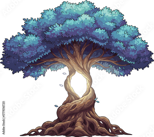Fantasy tree with glowing spiral trunk cartoon illustration, symbolic fusion and expressive nature magic artwork for design and storytelling