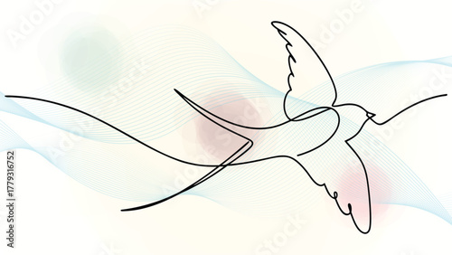 Bird in Flight with Long Tail Feathers Abstract Waves flying single elegant continuous