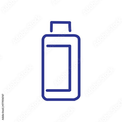 Simple blue outline illustration of a bottle with a label area