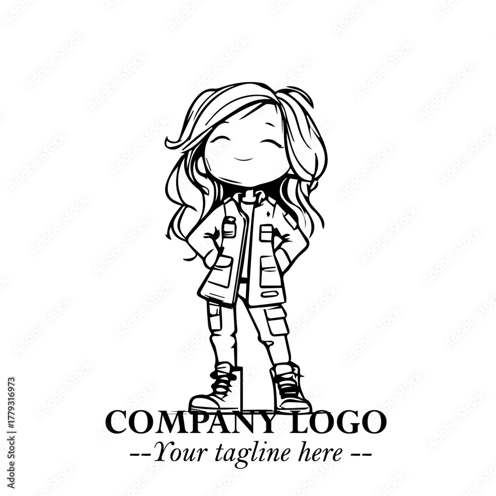 Fototapeta premium Black and White Chibi Girl Standing in Jacket, Pants, and Boots. Simple Bold Vector Illustration 