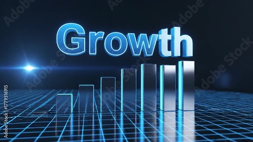 Dynamic 3D animation showcasing business growth with rising bar graph and the word growth effect
