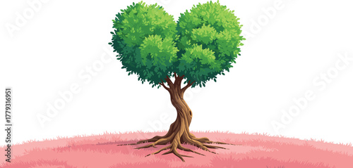 Heart-shaped tree with twisted trunk cartoon illustration, symbolic love and expressive nature growth artwork for design and storytelling