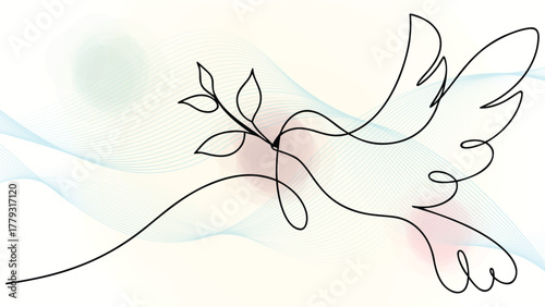 Minimalist line art a dove carrying an olive branch in its beak with abstract elegant continuous