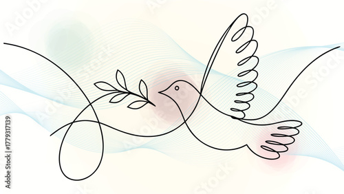 Single line drawing a dove with an olive branch in its beak a flowing abstract elegant continuous
