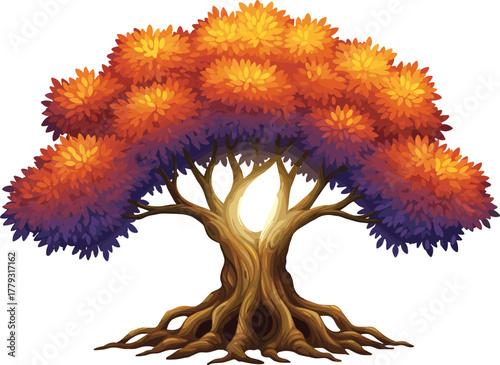 Magical tree with glowing center and multicolor canopy cartoon illustration, symbolic transformation and expressive nature vitality artwork