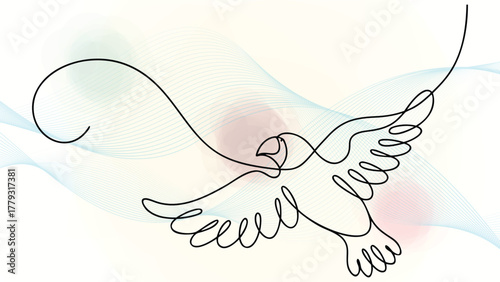 Single line drawing a dove in flight with abstract wavy elegant continuous bird flying