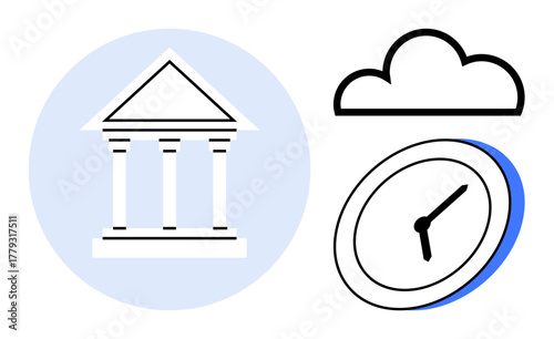 Bank with columns, cloud, and clock outline illustrating traditional finance, digital evolution, and time. Ideal for banking, cloud solutions, fintech, time management innovation modern services