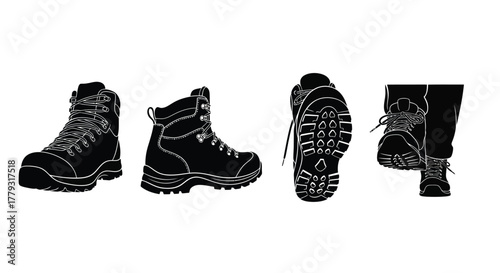 Four black hiking boot silhouettes isolated on white background in a row