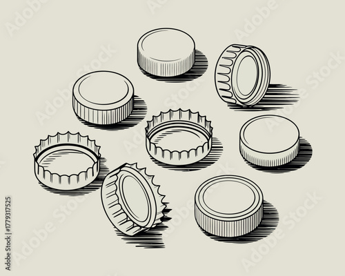 Collection of vintage bottle caps illustration on a light background