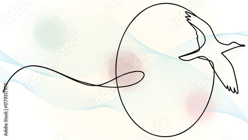 Single Line Drawing a Bird in Flight with Abstract Pastel Circles Waves flying animal elegant continuous